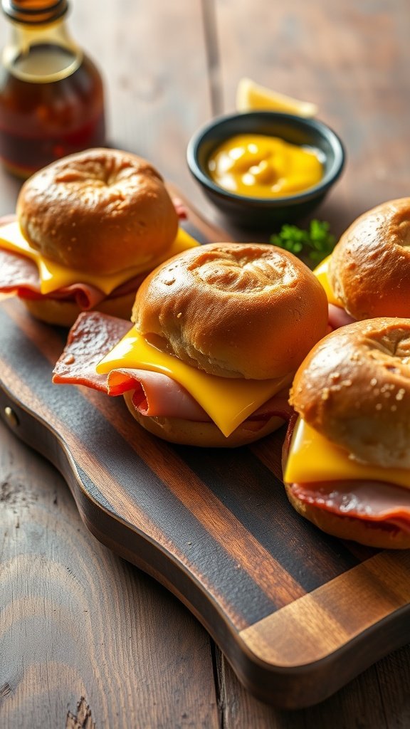 35 Irresistible Ham and Cheese Slider Recipes You’ll Love Delicious smoked ham and gouda sliders served on a wooden board.