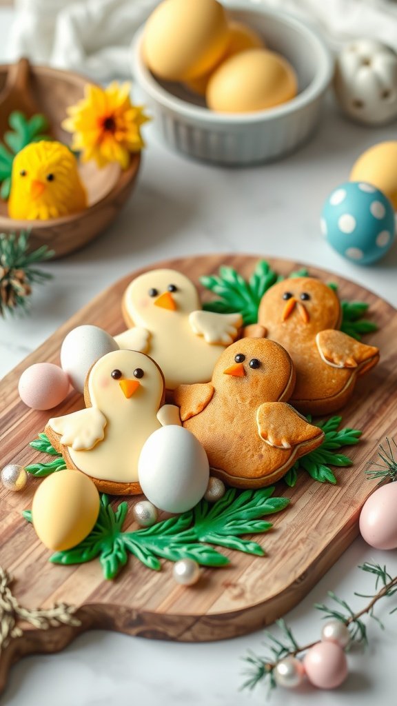 27 Delightful Easter Cookie Recipes to Celebrate the Season Soft gingerbread cookies shaped like Easter chicks and eggs on a wooden board