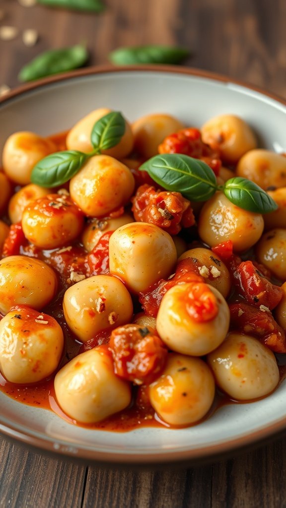 35 Delectable Gnocchi Recipes to Satisfy Your Cravings Plate of spicy Arrabbiata gnocchi topped with fresh basil.