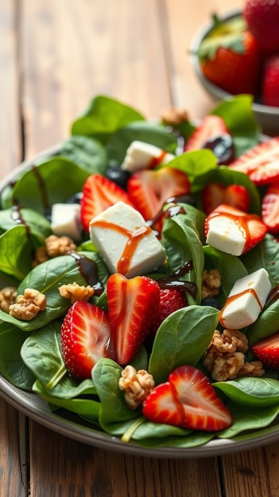 35 Delicious Salad Recipes You Need to Try A colorful Spinach Strawberry Salad with strawberries, feta cheese, walnuts, and spinach.