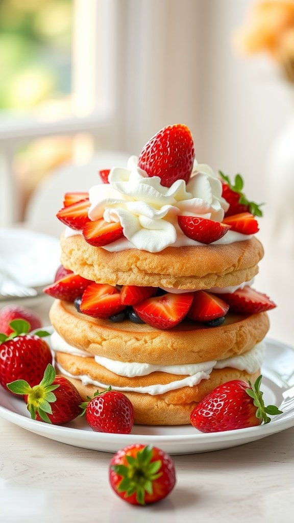 27 Delightful Easter Cake Ideas to Celebrate Spring A stacked strawberry shortcake with whipped cream and fresh strawberries.