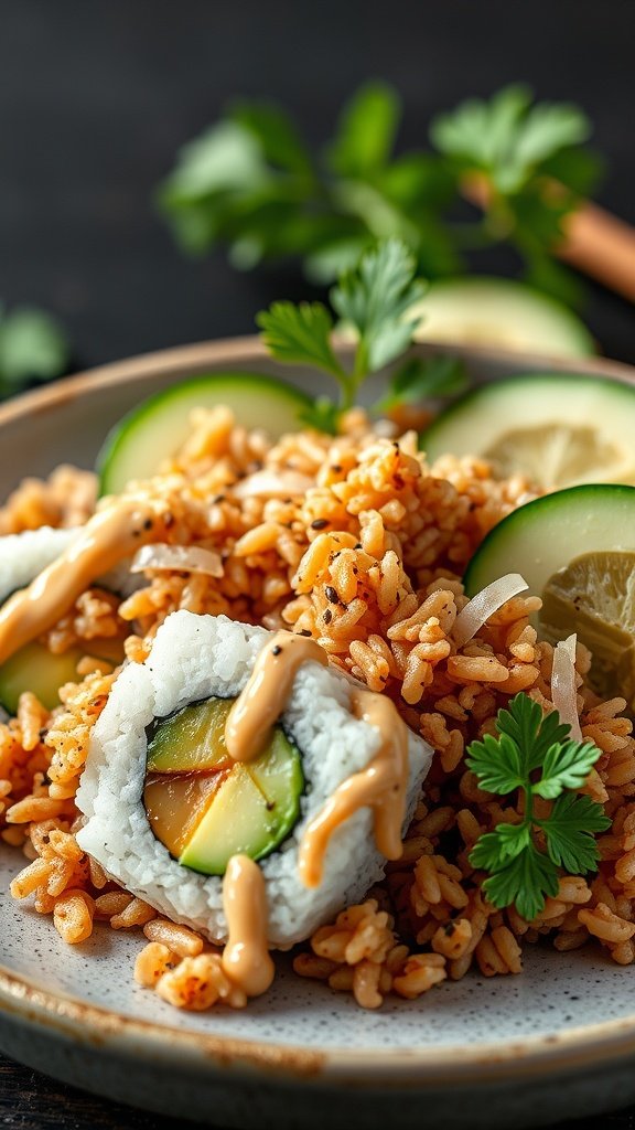 35 Delicious Salad Recipes You Need to Try A bowl of sushi salad with brown rice, featuring sliced cucumber, avocado, grated carrot, and drizzled sauce.