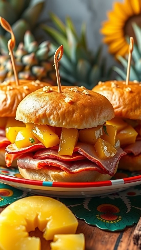 35 Irresistible Ham and Cheese Slider Recipes You’ll Love Sweet and sour ham sliders with pineapple and cheese on a plate