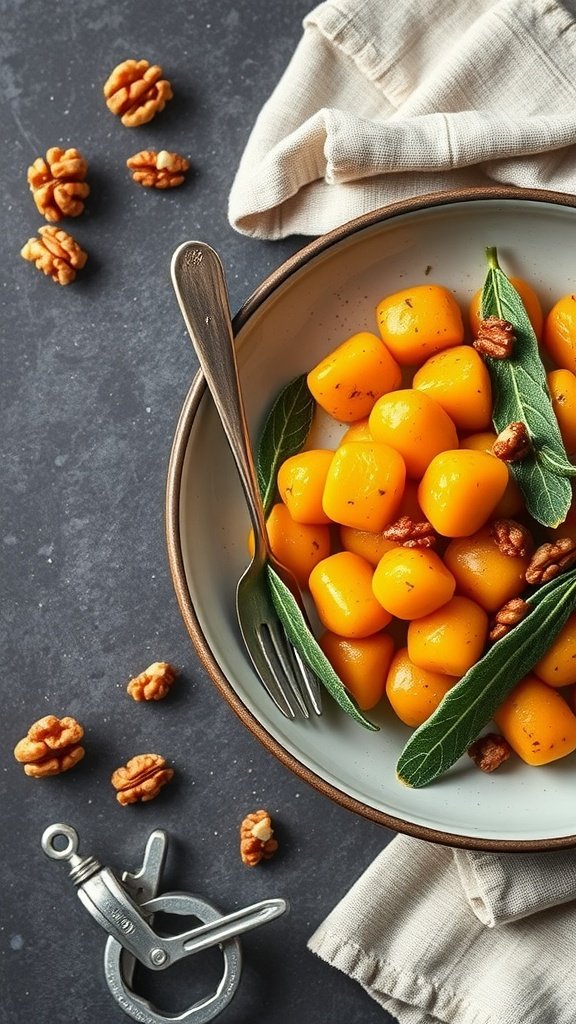 35 Delectable Gnocchi Recipes to Satisfy Your Cravings A bowl of sweet potato gnocchi garnished with sage and walnuts.