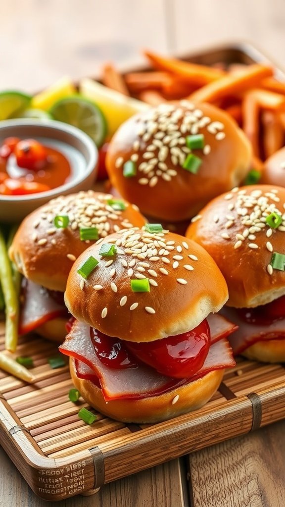 35 Irresistible Ham and Cheese Slider Recipes You’ll Love Delicious teriyaki glazed ham sliders served on a wooden tray.
