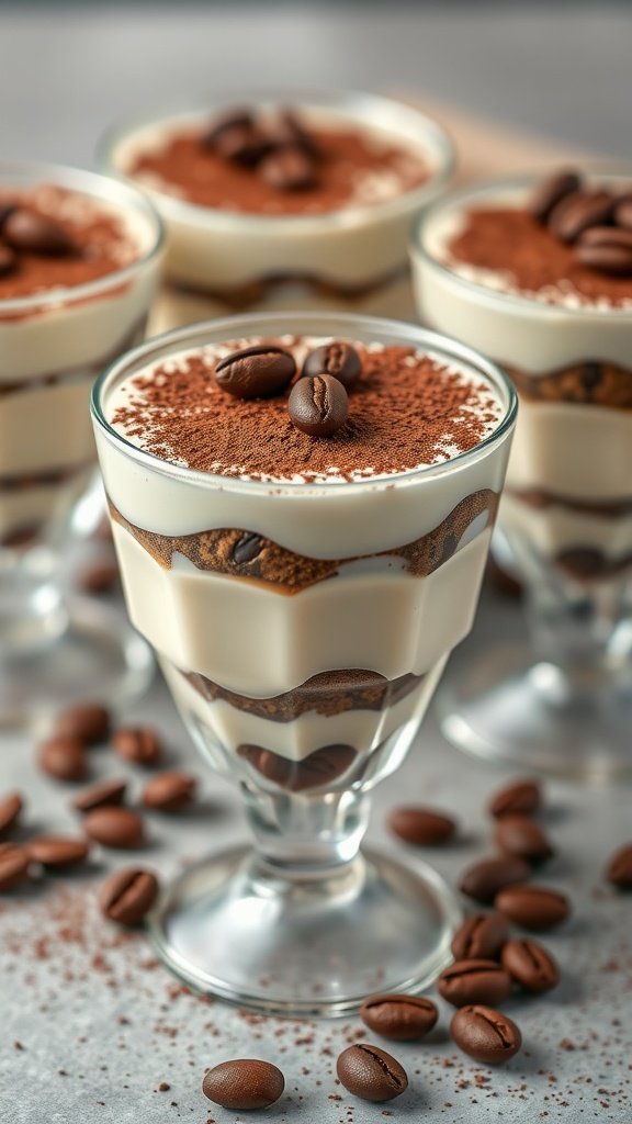 29 Delightful Mini Desserts Perfect for Weddings Tiramisu cups with cocoa dusting and coffee beans on top.