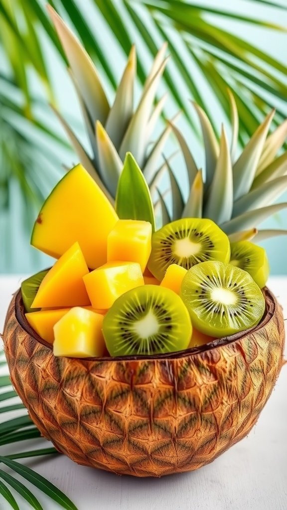35 Delicious Salad Recipes You Need to Try A vibrant tropical fruit salad with mango, kiwi, and pineapple, served in a coconut bowl.