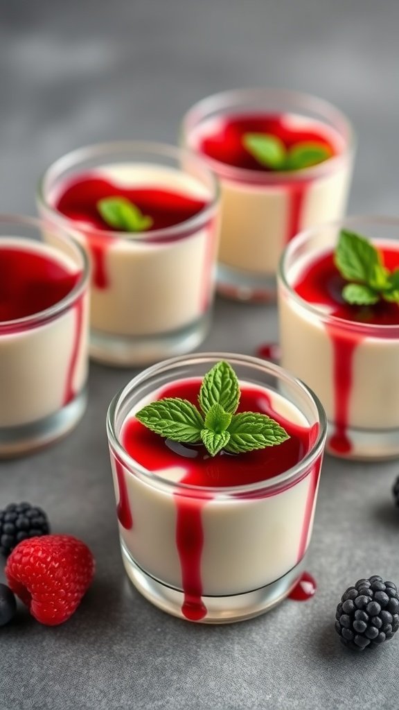 29 Delightful Mini Desserts Perfect for Weddings Vanilla Bean Panna Cotta topped with berry sauce and mint leaves