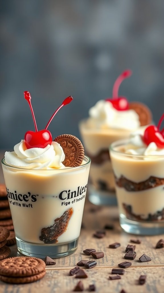 29 Irresistible Mini Desserts Perfect for Any Party Vanilla pudding parfaits in clear cups with whipped cream, cherries, and cookies