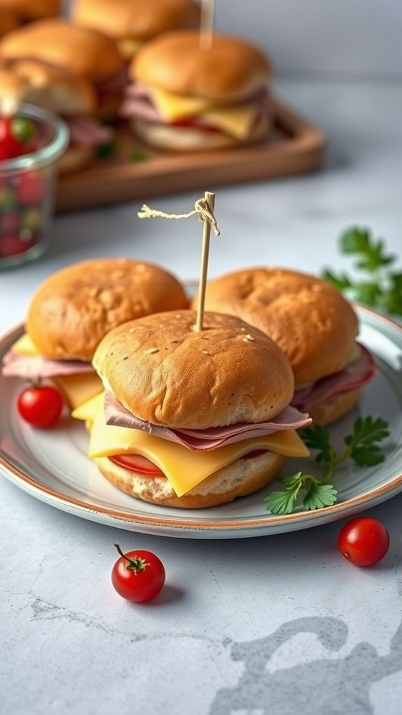 35 Irresistible Ham and Cheese Slider Recipes You’ll Love A plate of vegan ham and cheese sliders with fresh tomatoes and herbs.