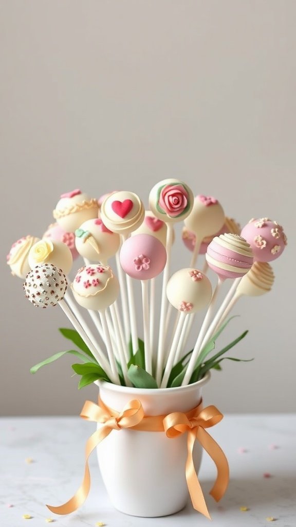 29 Delightful Mini Desserts Perfect for Weddings A collection of decorative cake pops in various pastel colors, arranged in a white pot with a ribbon. Mini desserts for weddings