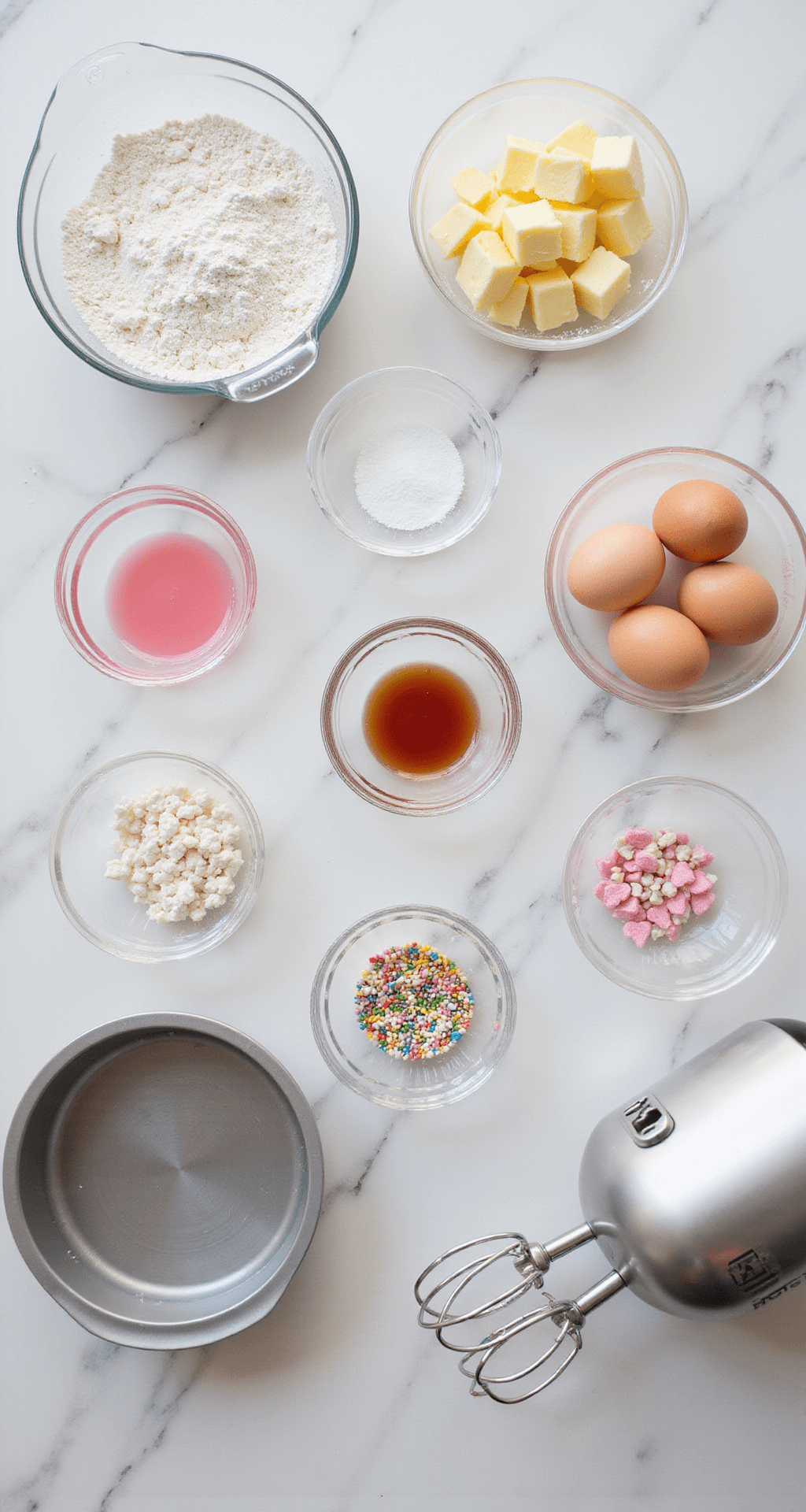 PINK BENTO CAKE: A CUTE MINI CAKE PERFECT FOR SHARING Overhead view of a white marble countertop showcasing organized ingredients and tools for a pink bento cake, including sifted flour, butter, eggs, pink food coloring, measuring cups, and a silver hand mixer, accompanied by crystal bowls of sprinkles and heart-shaped decorations.
