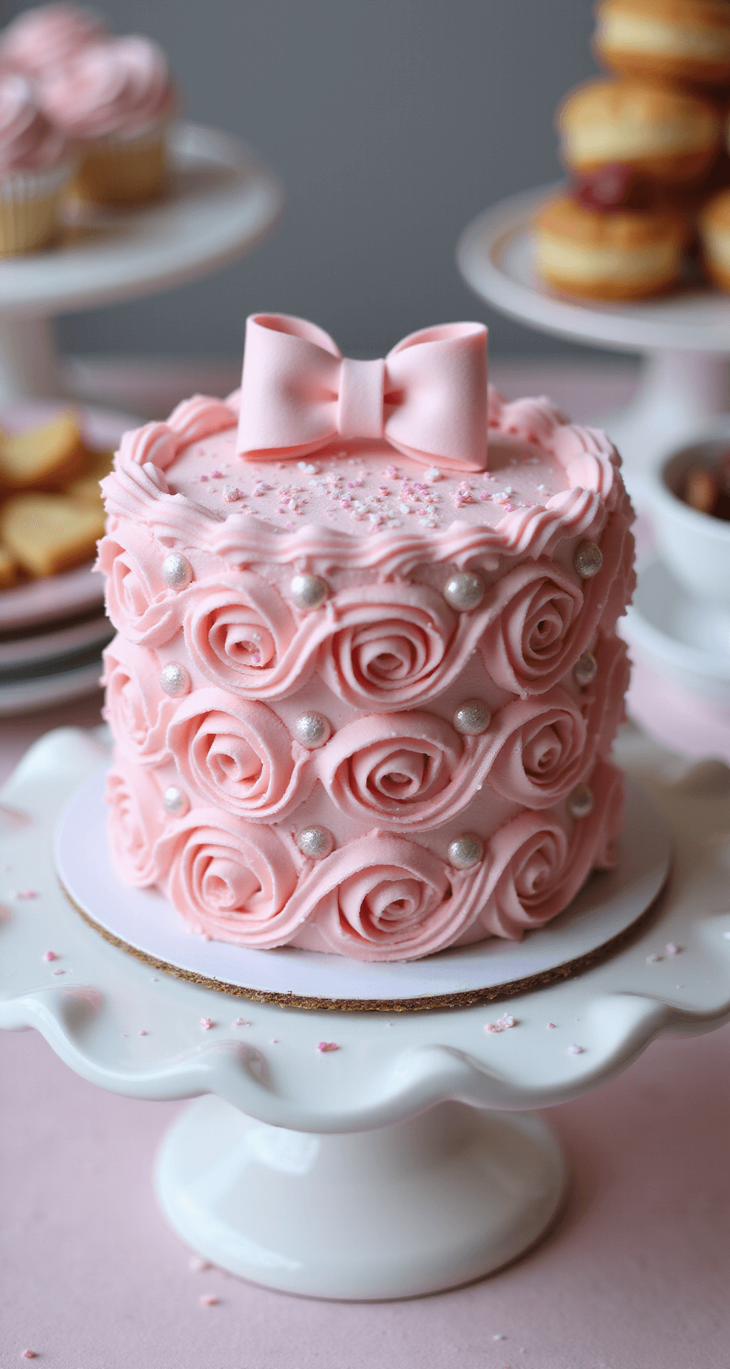 PINK BENTO CAKE: A CUTE MINI CAKE PERFECT FOR SHARING Close-up of a 4-inch pink bento cake on a white ceramic stand, featuring pink buttercream rosettes, metallic edible pearls, heart sprinkles, a fondant bow, and soft bokeh lighting with a blurred dessert table in the background.
