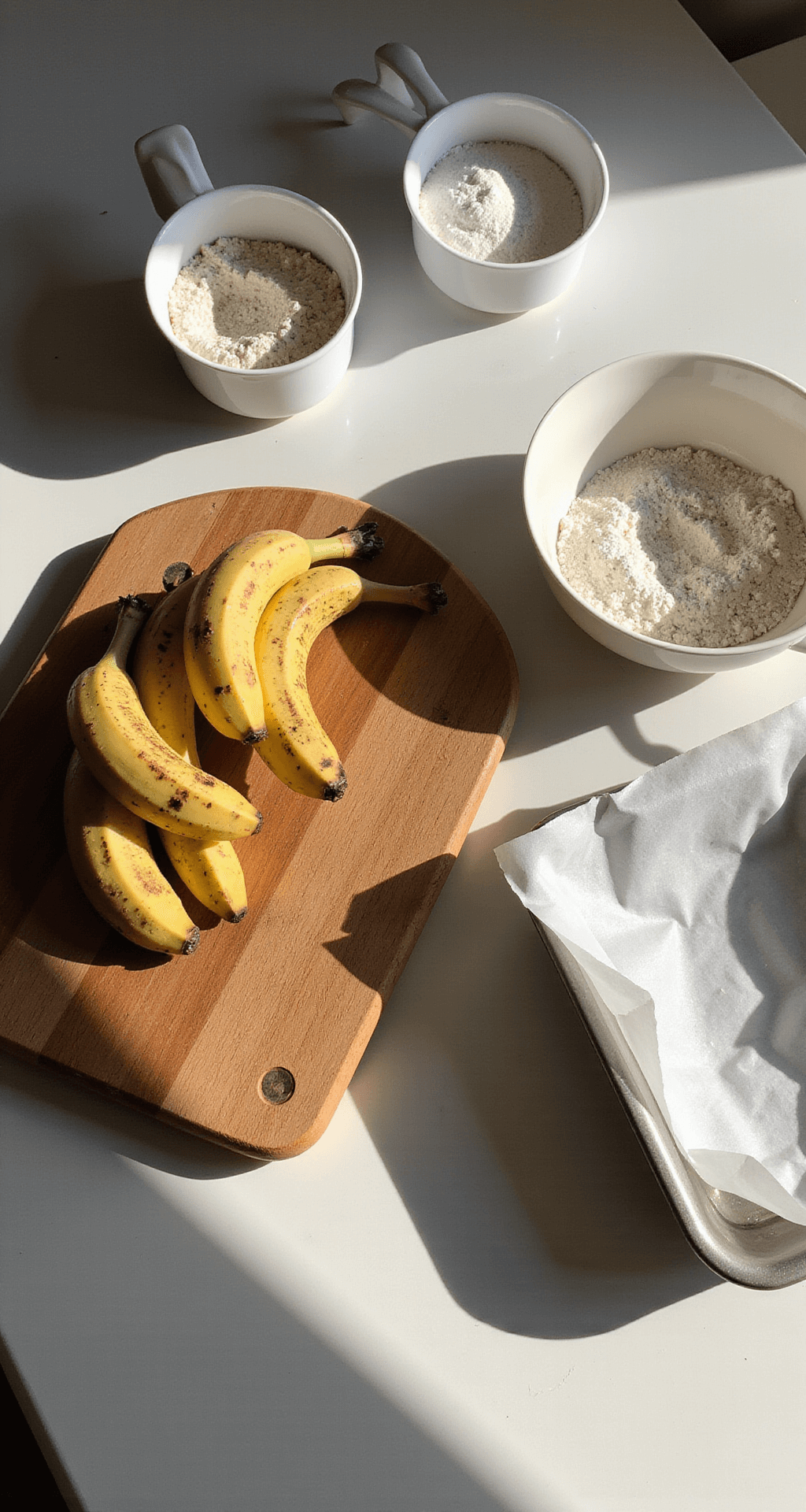 Ultimate Banana Dessert Recipes: From Quick Treats to Decadent Delights A sunlit kitchen countertop with overripe bananas on a wooden cutting board, measuring cups of flour and sugar, a vintage mixing bowl, and curling parchment paper beside a modern baking pan, all showcasing rustic textures in soft natural light.