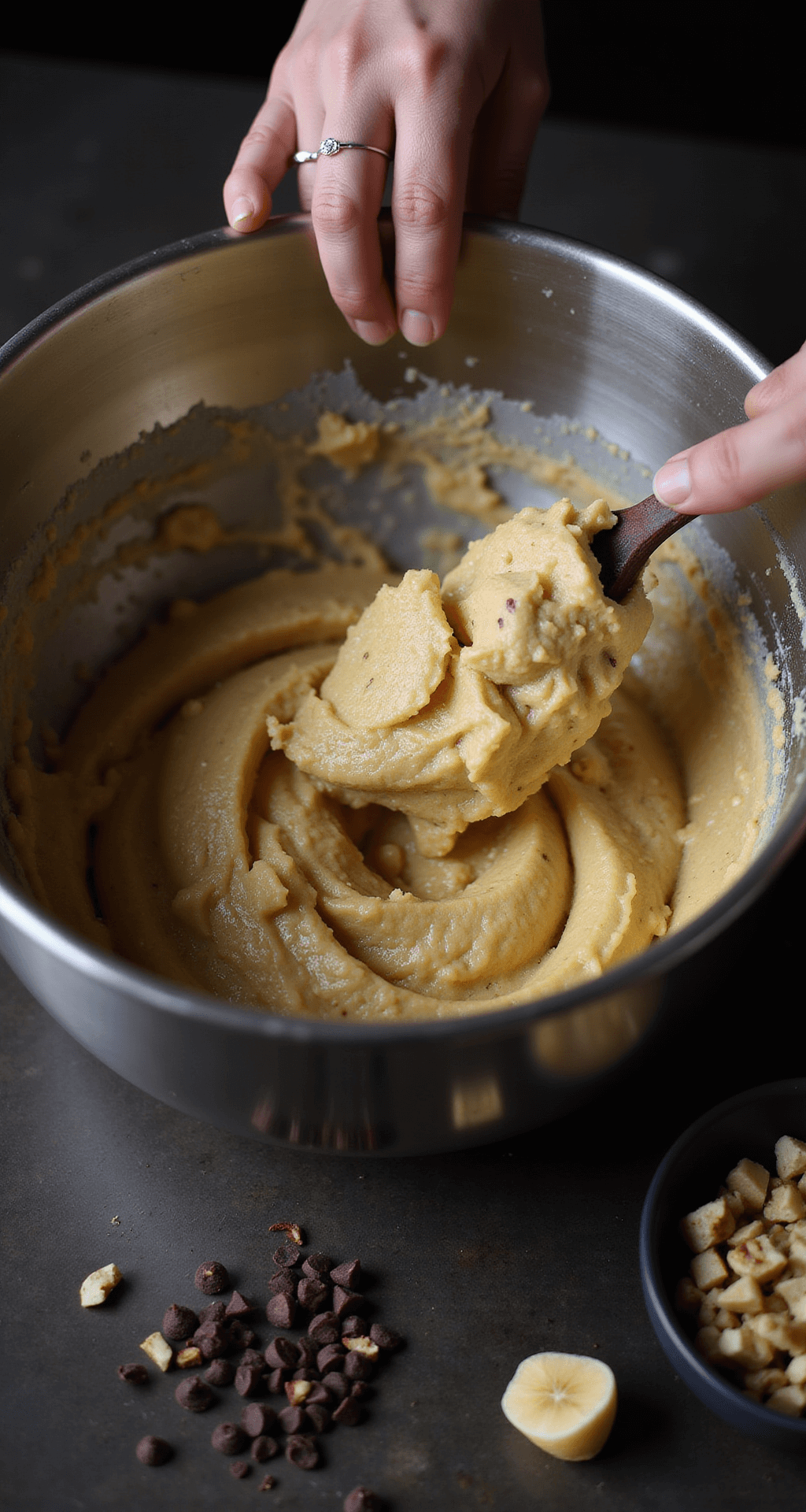 Ultimate Banana Dessert Recipes: From Quick Treats to Decadent Delights Close-up of hands folding mashed banana into creamy batter in a stainless steel bowl, showcasing a mixture of golden butter, sugar, and vanilla-speckled banana puree, with chocolate chips and chopped nuts nearby, all in moody kitchen lighting.