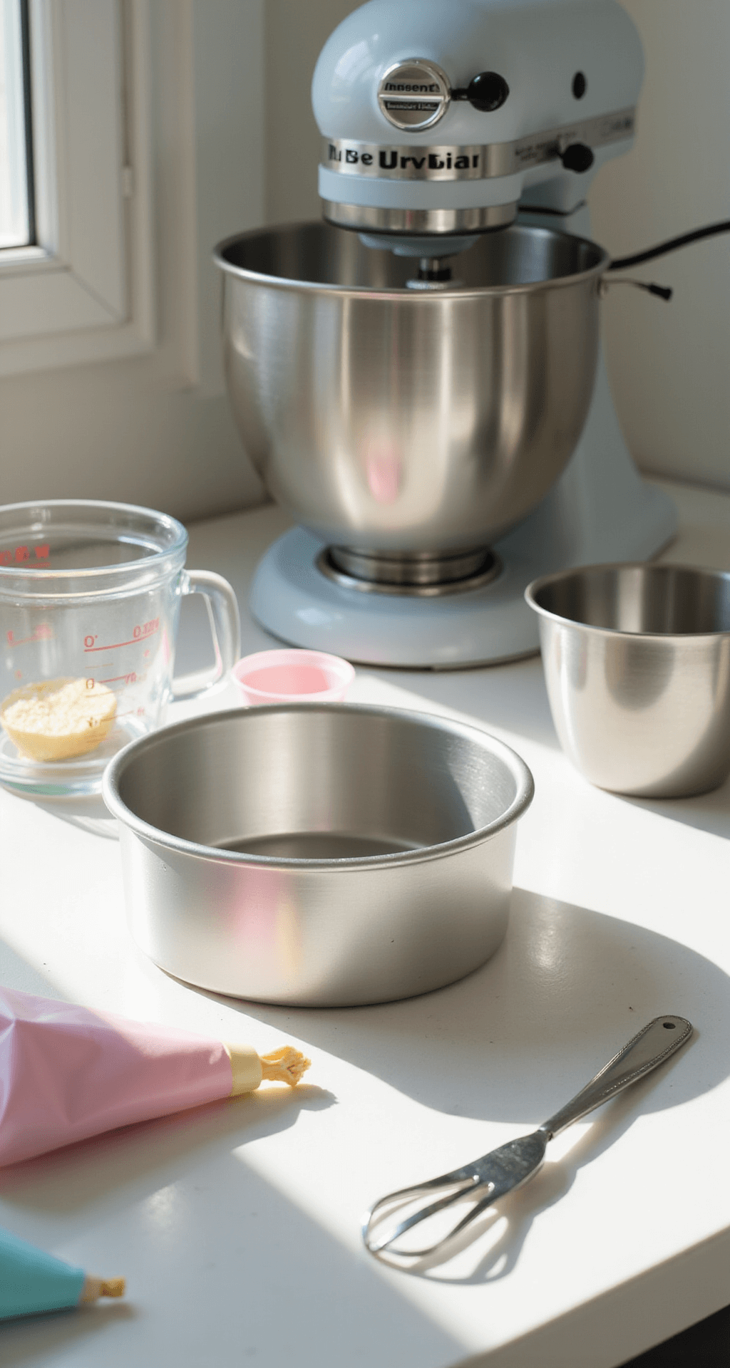 Bento Cake: Cute, Compact, and Instagram-Worthy Deliciousness A sunlit kitchen countertop with a 4-inch round cake pan, pastel piping bags, precise measuring tools, and a professional electric mixer, all arranged in perfect order with a soft bokeh effect on stainless steel utensils and measuring cups filled with ingredients.