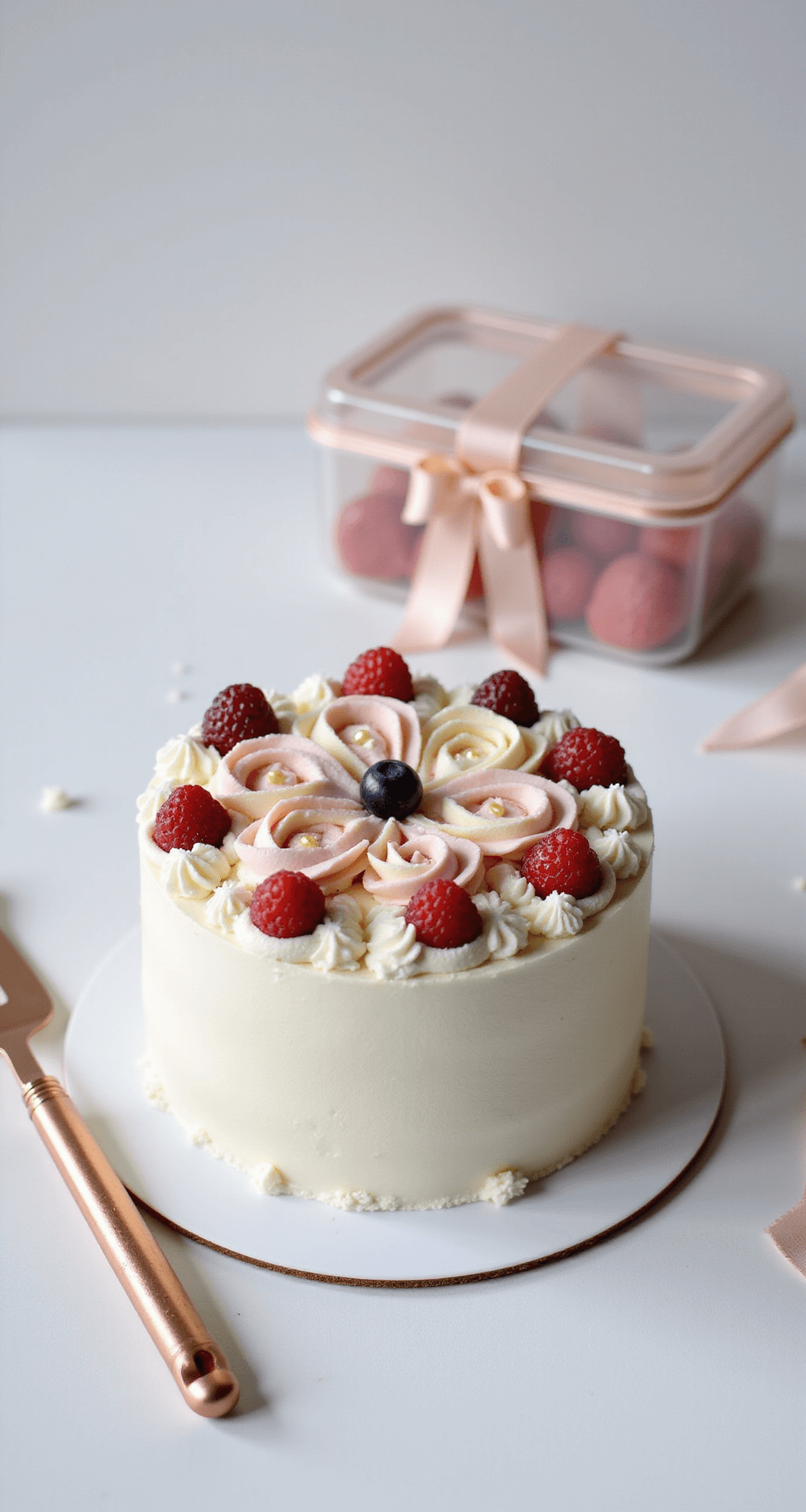 Bento Cake: Cute, Compact, and Instagram-Worthy Deliciousness A beautifully decorated miniature bento cake with pastel buttercream rosettes, edible pearls, and fresh berries, displayed on a minimalist white surface with soft lighting, alongside a translucent lunch box tied with a silk ribbon and rose gold baking tools.