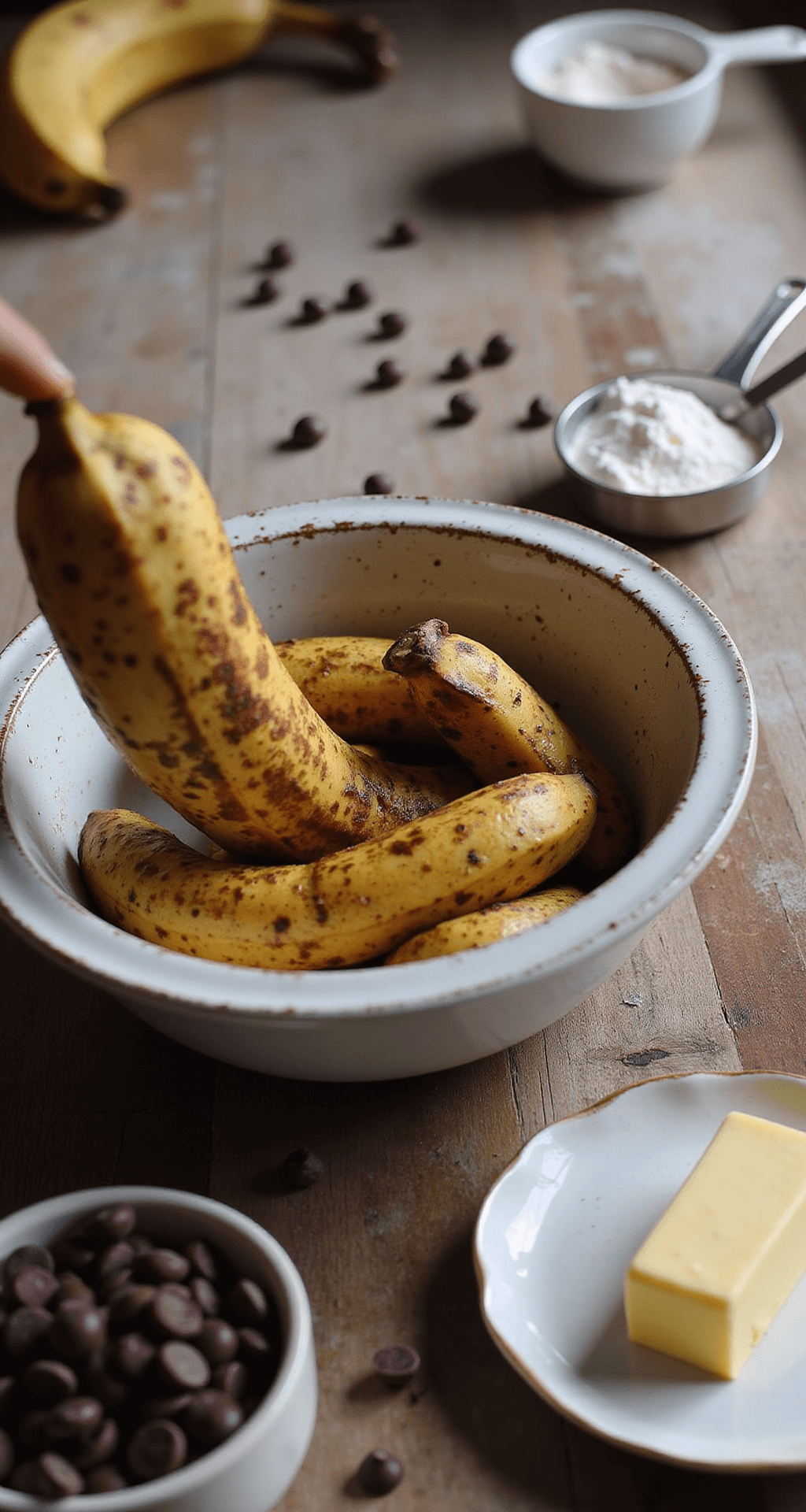 CHOCOLATE CHIP BANANA BREAD Close-up of a rustic wooden countertop with overripe bananas being mashed in a vintage bowl, surrounded by chocolate chips, measuring cups of flour, and melting butter, bathed in soft natural light for a warm, inviting kitchen scene.