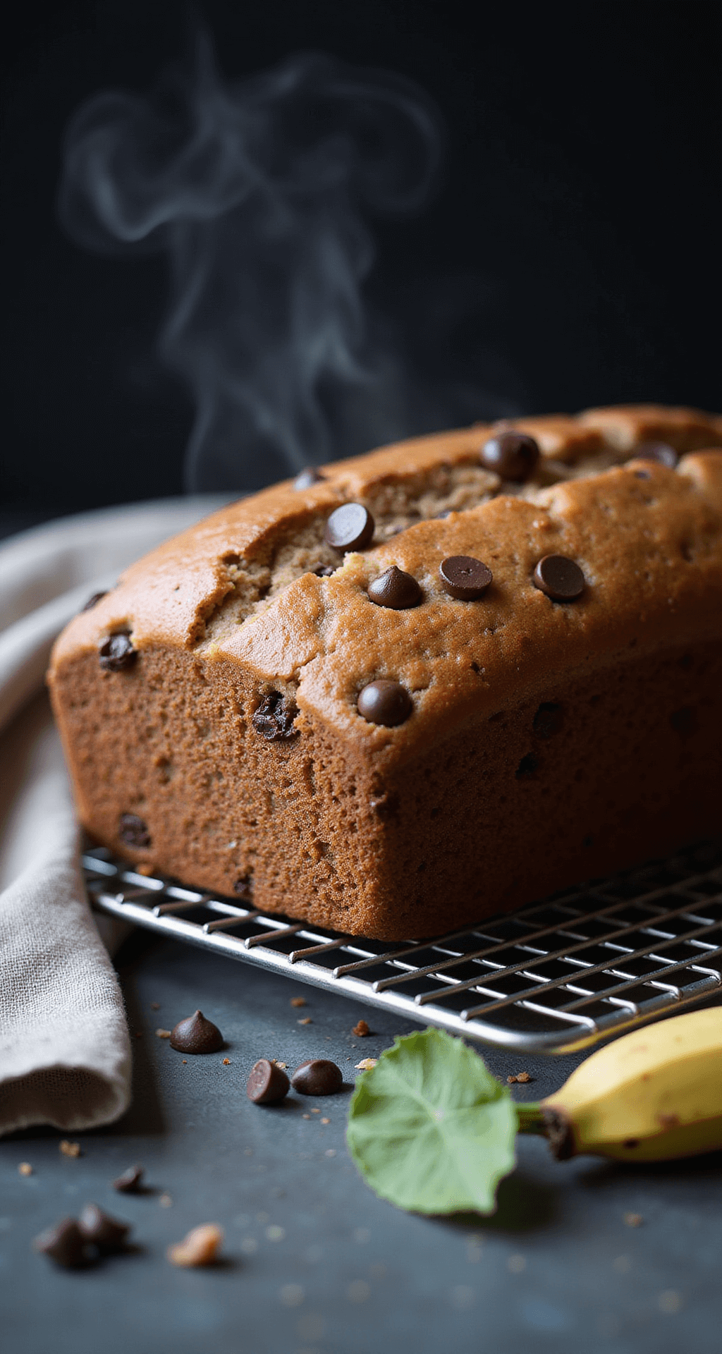 CHOCOLATE CHIP BANANA BREAD Freshly baked golden-brown chocolate chip banana bread on a wire cooling rack, with steam rising and melted chocolate chips visible on top, showcasing a moist crumb texture, complemented by rustic linen and banana leaves.