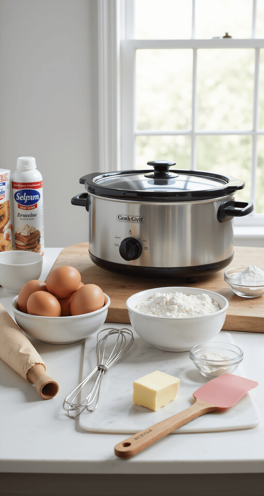 Crockpot Dessert Recipes: The Ultimate Guide to Effortless Sweet Treats A well-lit kitchen countertop with a 7qt crockpot at the center, surrounded by baking ingredients such as cake mix, fresh eggs, flour, softened butter, parchment paper, non-stick spray, a whisk, and a rubber spatula on a marble cutting board.