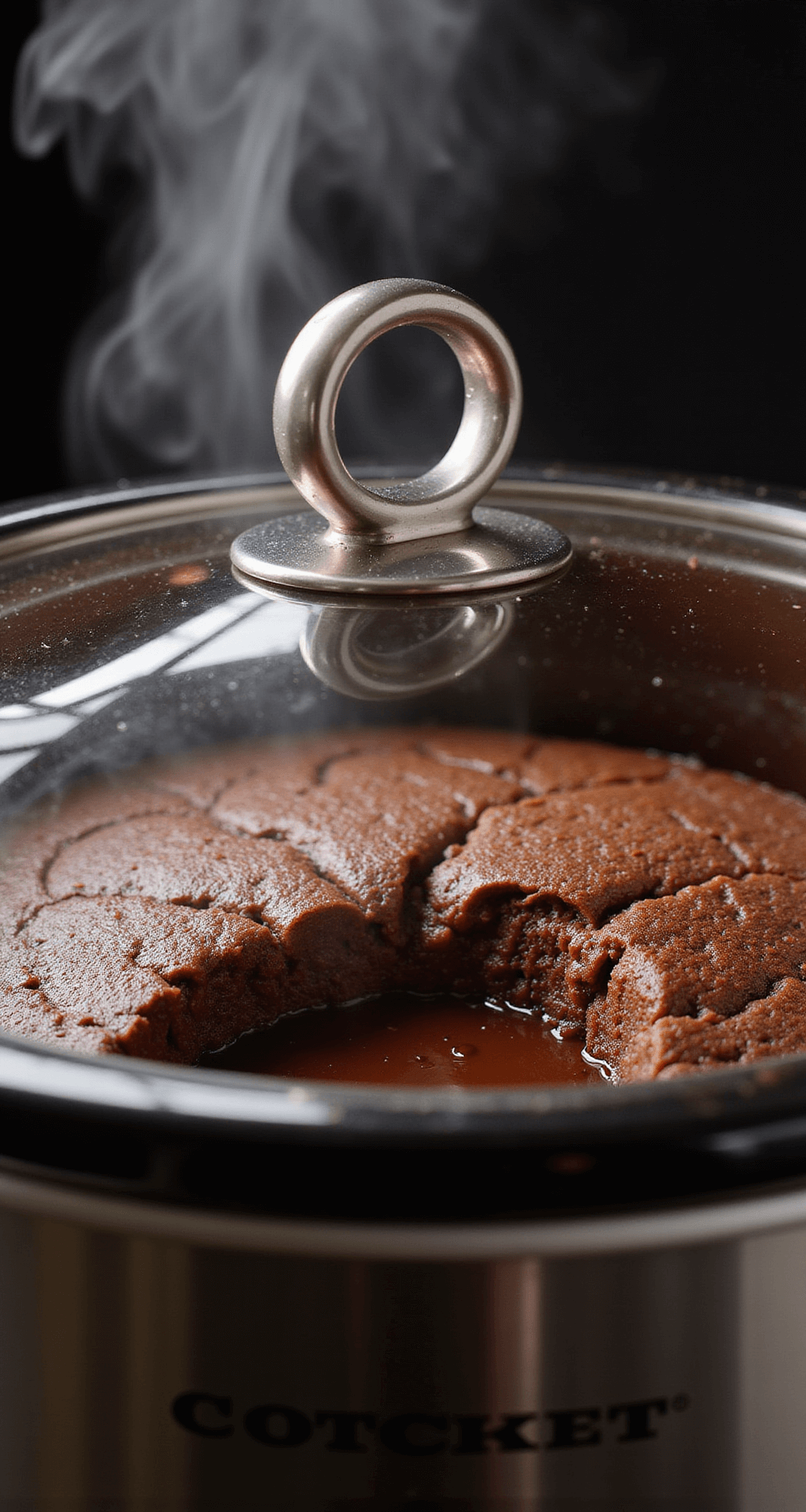 Crockpot Dessert Recipes: The Ultimate Guide to Effortless Sweet Treats Close-up of a bubbling chocolate lava cake in a crockpot, with steam rising against a dark background, showcasing its rich texture and molten chocolate edges, and condensation on a glass lid.