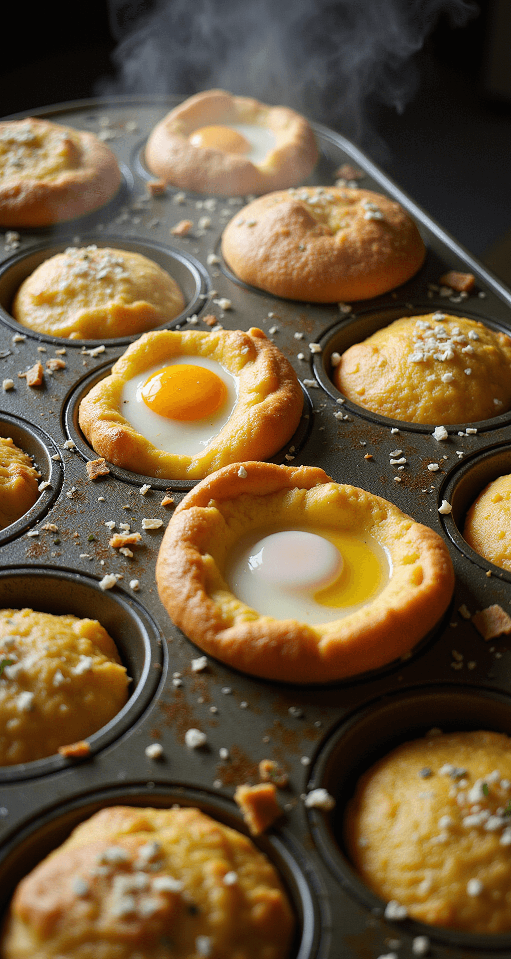 Korean Egg Bread (Gyeran Bbang): A Street Food Sensation Overhead view of egg bread in muffin tin, with centered yolks, herbs, cheese, and steam from below.