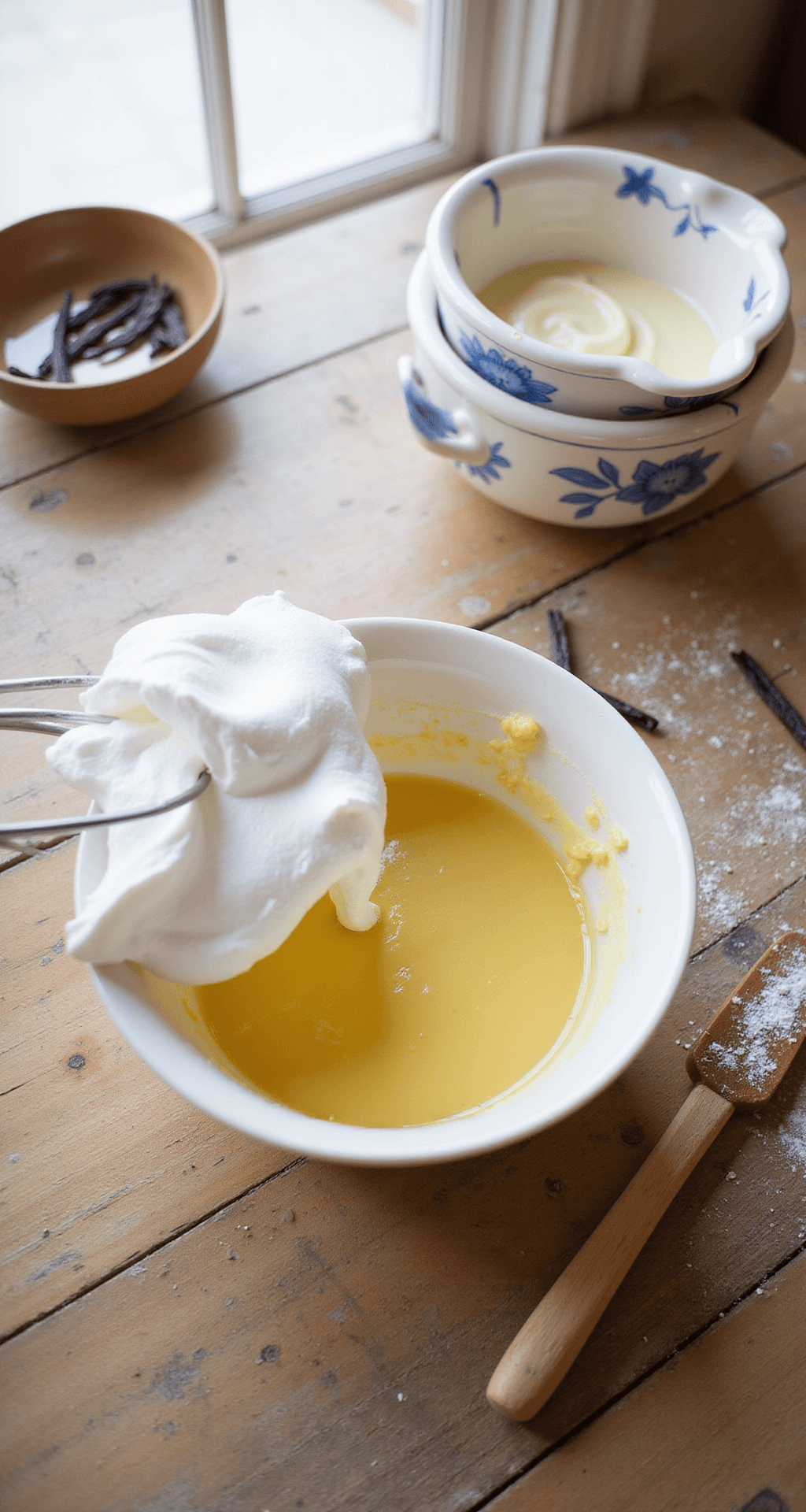 Mexican Dessert Recipes: Authentic Sweets That Will Melt Your Heart Close-up of cloud-like meringue being folded into golden cake batter, illuminated by soft natural light. Vintage ceramic bowls and a flour-dusted spatula are arranged on a rustic wooden countertop, enhancing the warm atmosphere.