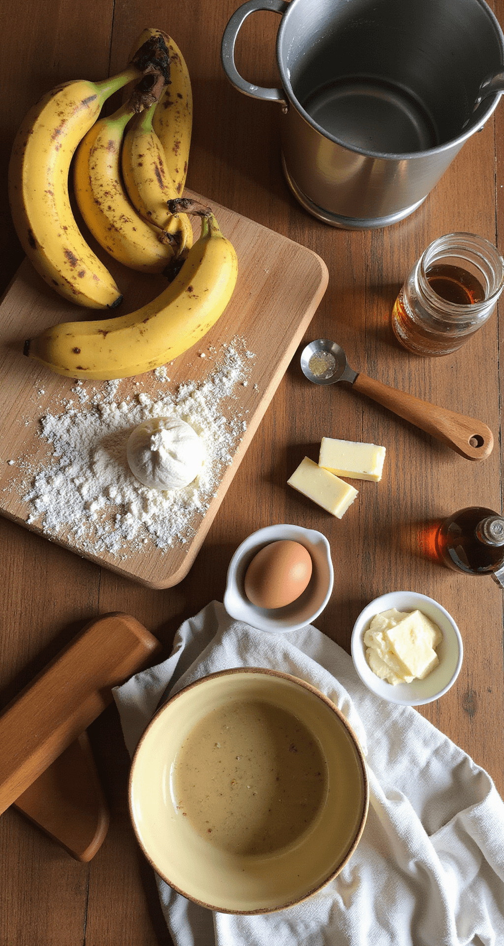 BANANA BREAD MUFFINS: THE ULTIMATE ONE-BOWL WONDER Overhead view of a rustic wooden kitchen counter with overripe bananas, a vintage mixing bowl, potato masher, measuring cups, melted butter, eggs, and vanilla extract, all set in warm natural light, creating a cozy baking atmosphere.