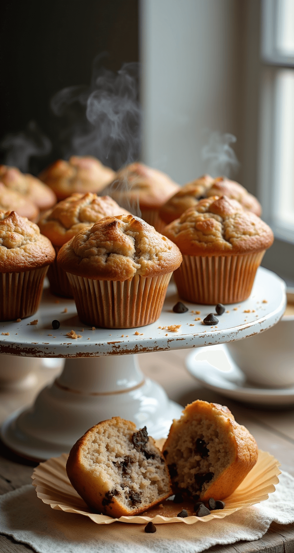 BANANA BREAD MUFFINS: THE ULTIMATE ONE-BOWL WONDER Close-up of golden-brown banana muffins on a white ceramic cake stand, with steam rising, some muffins split open showing a moist crumb with chocolate chips and walnuts, accompanied by a vintage tea towel and steaming coffee cup in warm morning light.