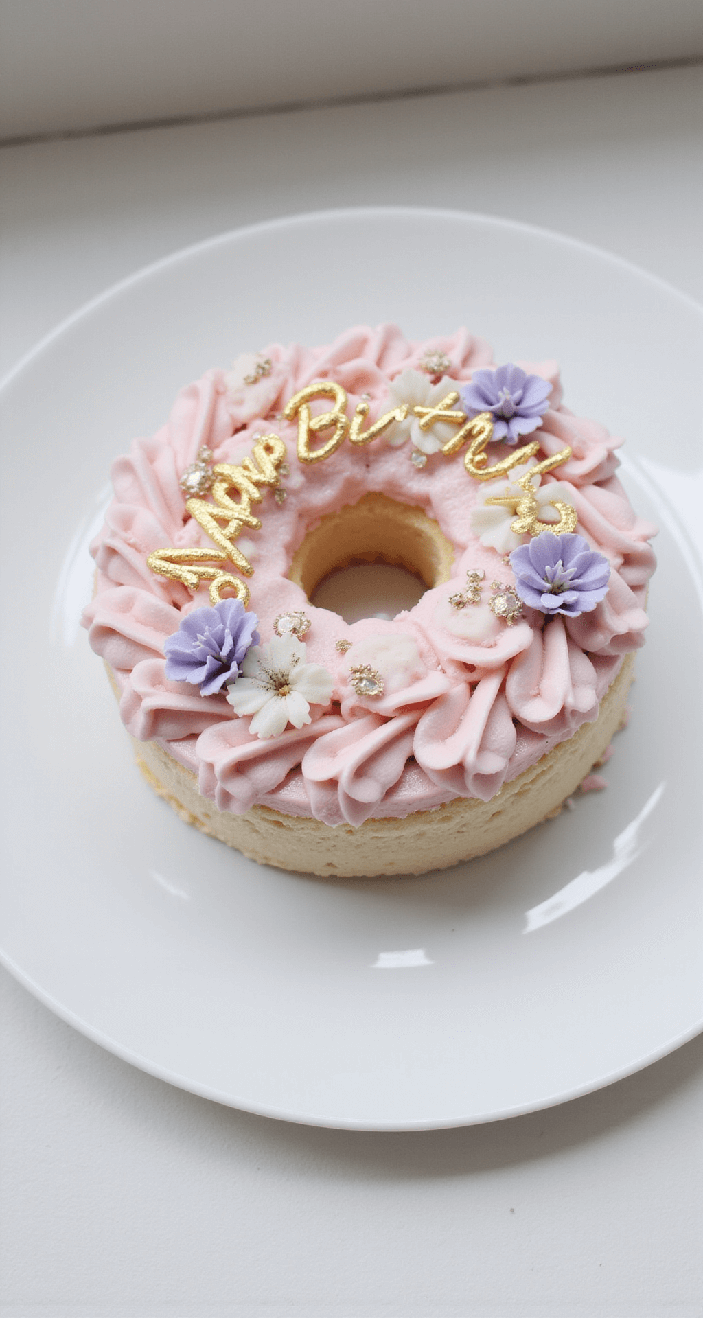 Bento Cake Ideas: The Ultimate Mini Celebration Dessert A beautifully styled mini celebration cake on a white ceramic plate, featuring pastel pink buttercream swirls, lavender and white piped flowers, metallic sprinkles, and a golden 'Happy Birthday' message, photographed at a 45-degree angle with soft lighting.