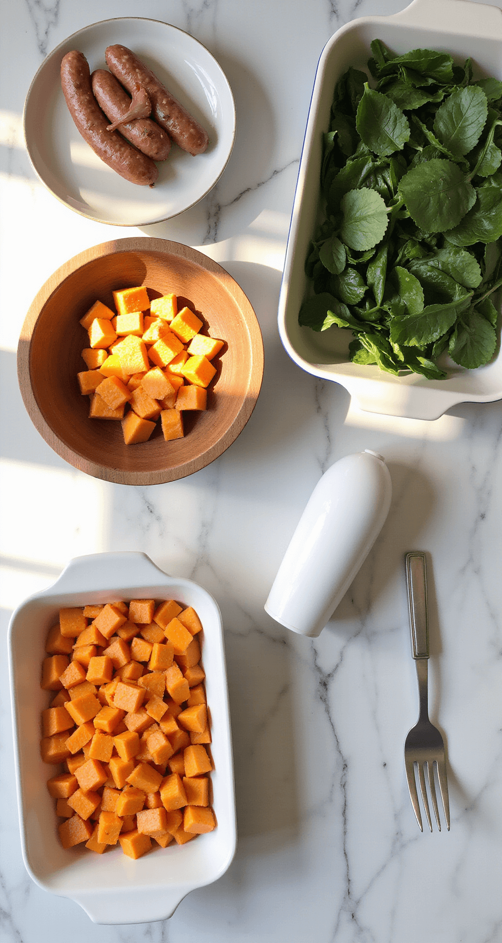 Whole30 Breakfast Casserole: The Ultimate Meal Prep Champion Overhead view of a marble kitchen counter with vibrant diced sweet potatoes in a wooden bowl, farm-fresh eggs in a ceramic dish, green spinach leaves, artisanal breakfast sausage, and a pristine casserole dish, all bathed in natural morning light.