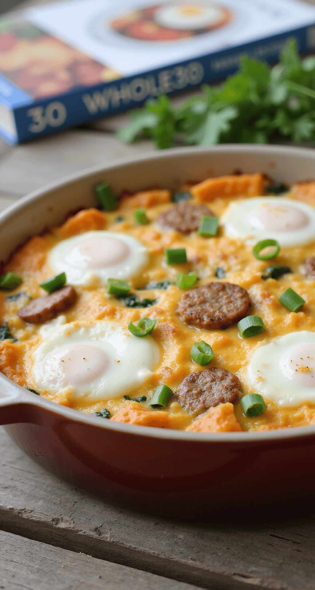 Whole30 Breakfast Casserole: The Ultimate Meal Prep Champion Close-up of a golden-brown breakfast casserole featuring layers of sweet potato, sausage, and spinach, garnished with green onions, resting in a rustic ceramic dish on a wooden table with a Whole30 cookbook and fresh herbs nearby.