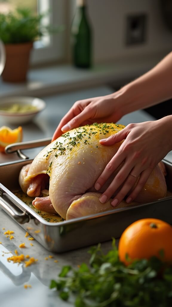 Perfect Roast Turkey Recipe Close-up of hands massaging herb-flecked butter under turkey skin, with herbs and orange zest on the countertop in warm kitchen lighting.