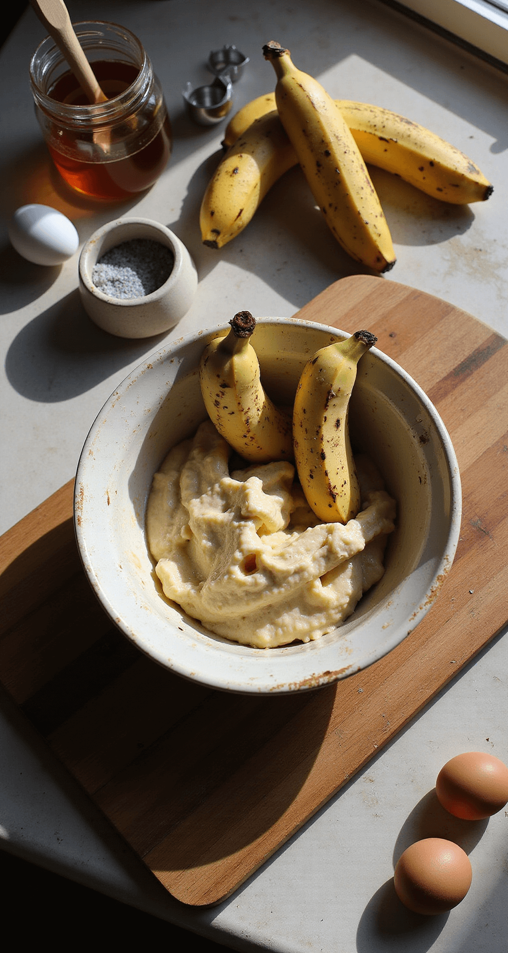 HEALTHY BANANA BREAD: The Ultimate Nutritious & Delicious Loaf Overhead view of a rustic wooden cutting board with three overripe bananas being mashed in a vintage bowl, illuminated by natural sunlight, accompanied by a honey jar, measuring cups, and fresh eggs.