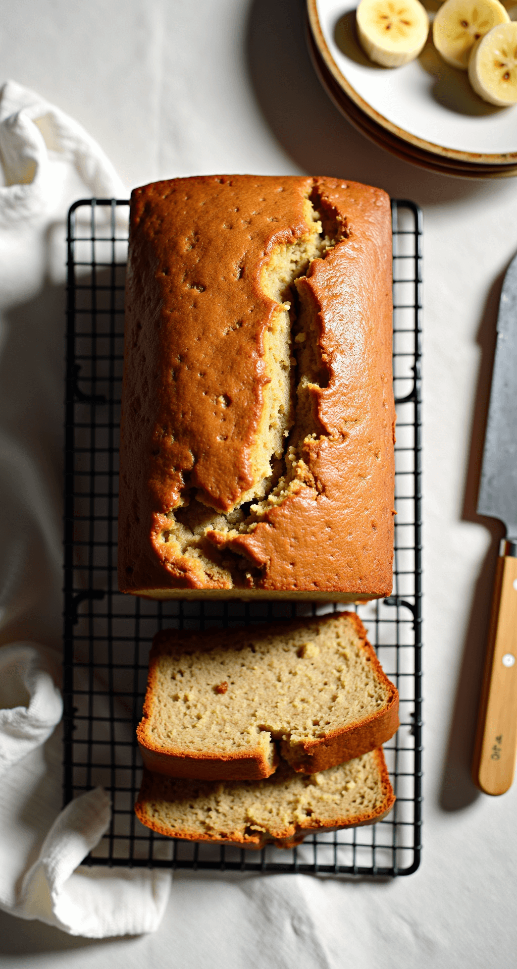 HEALTHY BANANA BREAD: The Ultimate Nutritious & Delicious Loaf A freshly baked loaf of golden-brown banana bread on a wire cooling rack, topped with banana slices and walnuts, surrounded by warm afternoon light with a vintage knife and a slice on a small plate nearby.