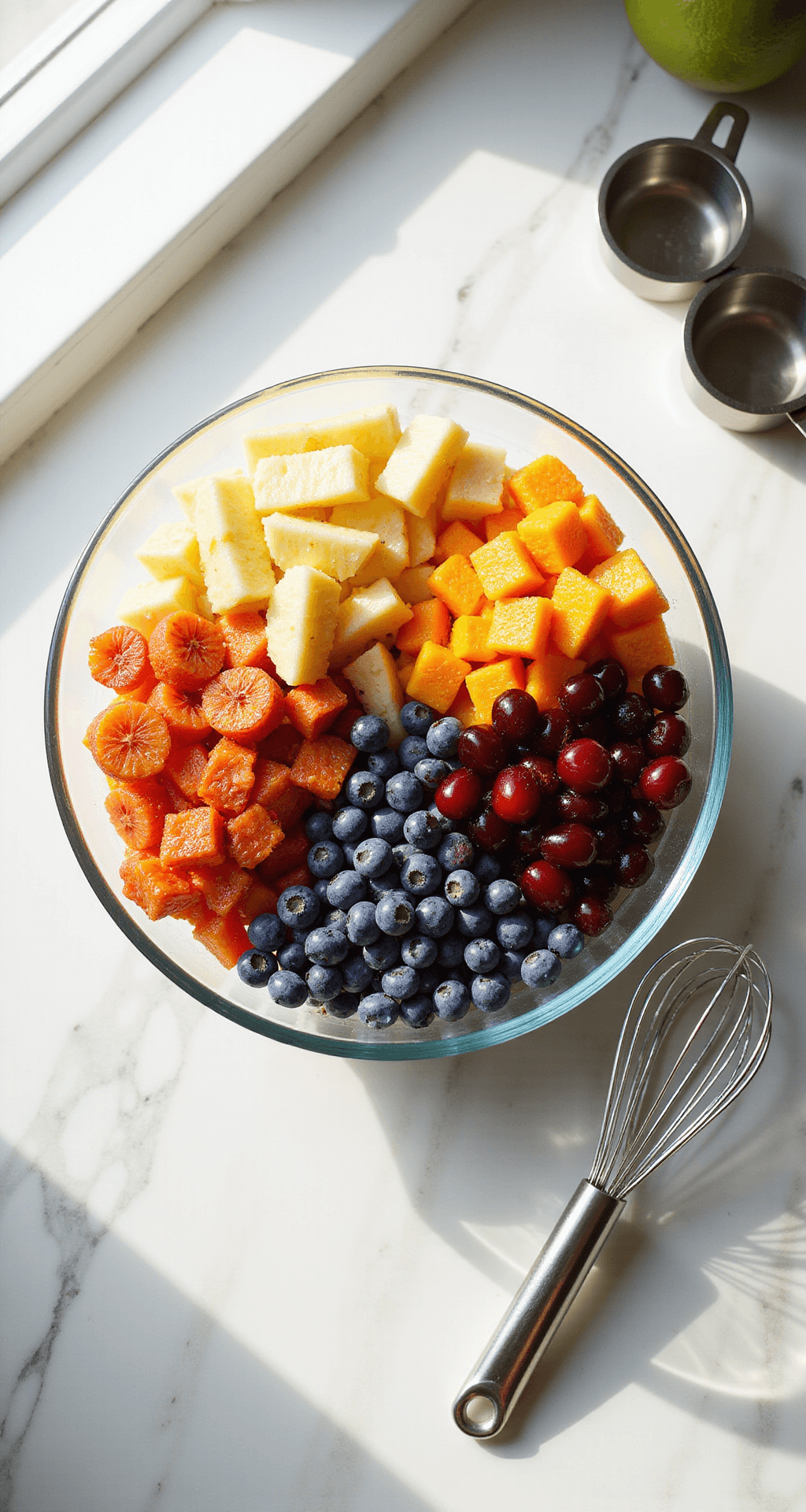 Fruit Salad with Vanilla Pudding: The Ultimate No-Bake Crowd-Pleaser Overhead shot of a white marble countertop with an arrangement of fresh fruits including pineapple chunks, mandarin oranges, maraschino cherries, and blueberries surrounding a glass mixing bowl, with measuring cups and a whisk nearby, illuminated by natural sunlight.