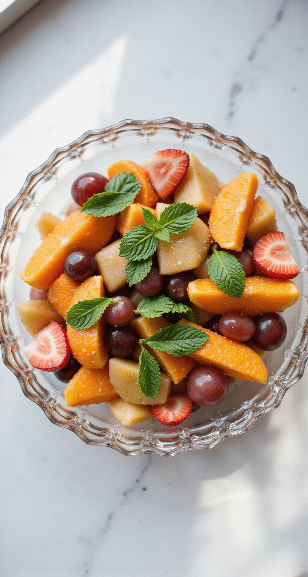 SUMMER FRUIT SALAD: THE ULTIMATE REFRESHING DELIGHT Overhead view of a glass bowl filled with colorful fruit salad, featuring orange segments, pink strawberries, and purple grapes, topped with fresh mint leaves and drizzled in citrus dressing on a marble countertop.