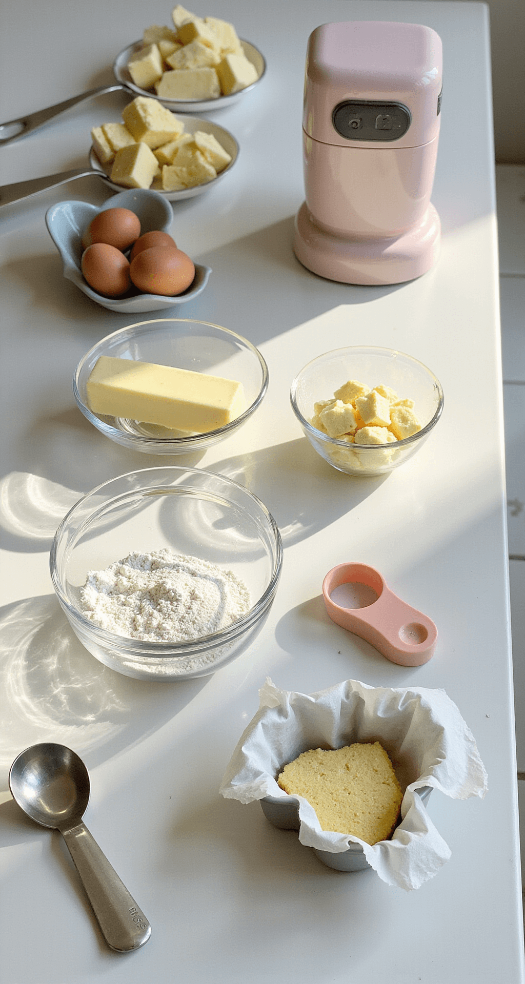 Cute Bento Cake: The Perfect Mini Dessert for Every Occasion A sunlit kitchen counter displaying precisely measured ingredients for a bento cake, including softened butter, caster sugar, fresh eggs, and flour in glass bowls, with a heart-shaped cake pan lined with parchment paper and a pastel electric mixer, bathed in natural light.