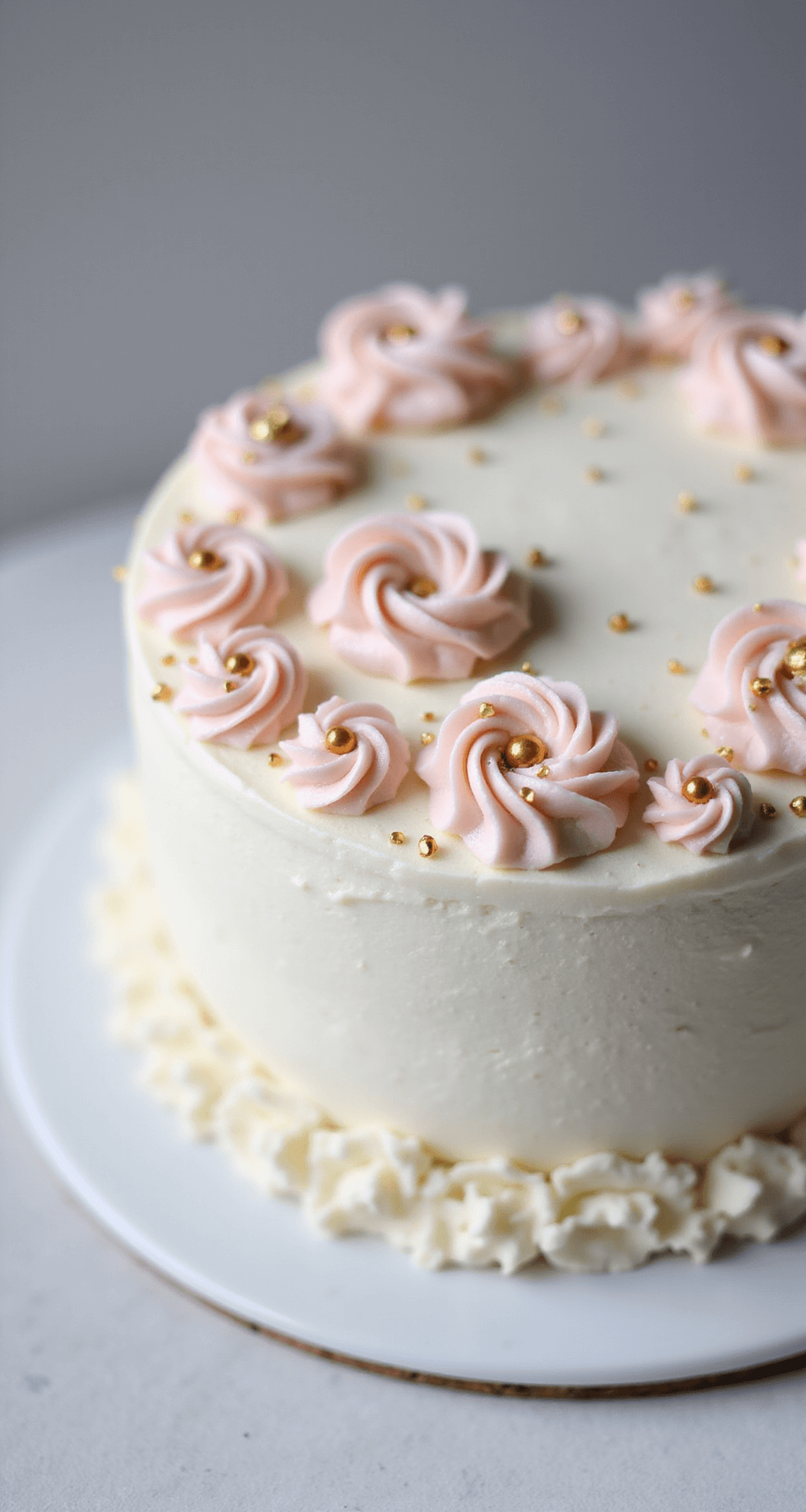 Cute Bento Cake: The Perfect Mini Dessert for Every Occasion Close-up of a 4-inch round mini bento cake with pearl-white buttercream, pink rosettes, and golden pearls on a minimalist white ceramic plate, showcasing a precise crumb coat and lacey border, captured at a 45-degree angle with soft studio lighting.