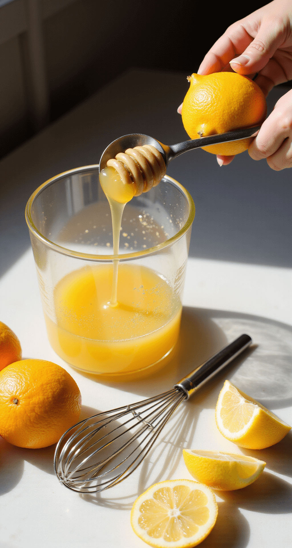 Fruit Salad Dressing: The Ultimate Fresh, Zesty Topping for Every Occasion A sunlit kitchen counter features a clear glass bowl filled with fresh-squeezed orange juice, as golden honey drizzles in. Scattered citrus fruits and a silver whisk complement the scene, while a fresh lemon is being zested, creating aromatic curls that float in the air.