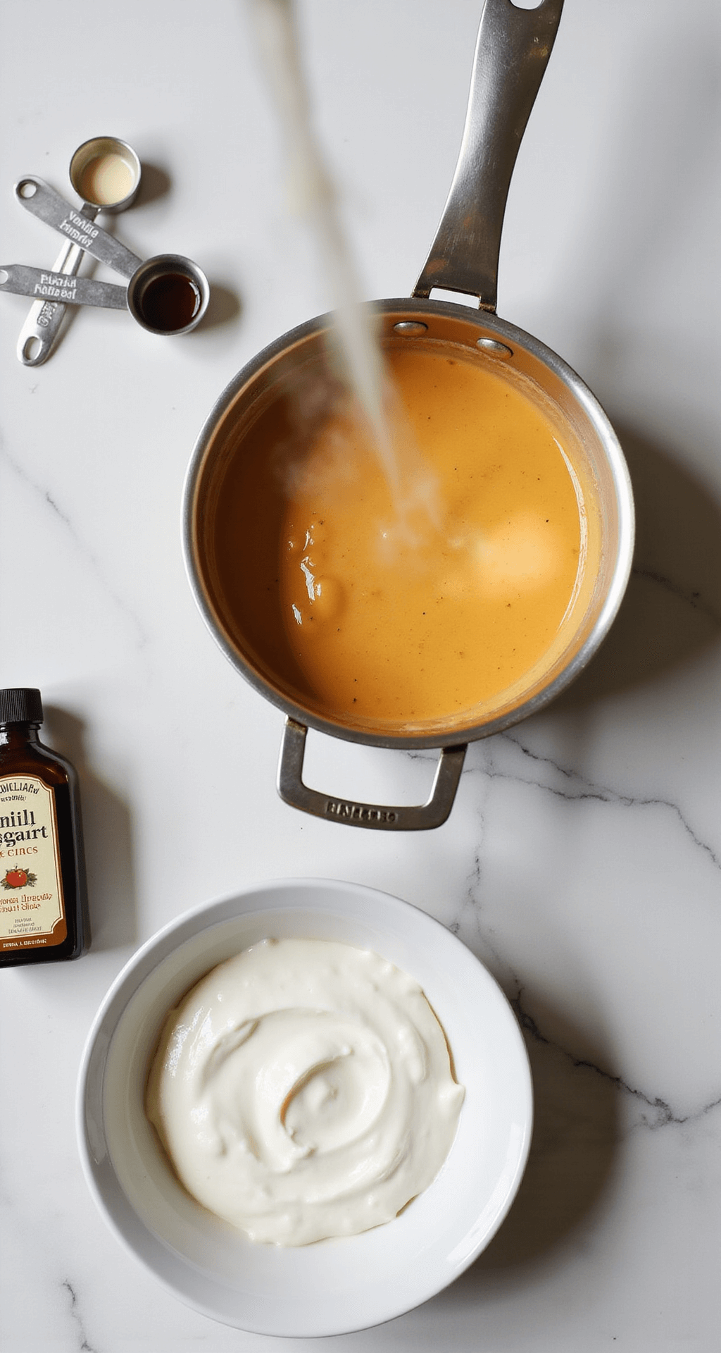 Fruit Salad Dressing: The Ultimate Fresh, Zesty Topping for Every Occasion A professional kitchen scene showcasing a steaming saucepan with a glossy orange mixture, a bowl of white Greek yogurt, a bottle of vanilla extract, and measuring spoons on a marble countertop, all illuminated by soft, diffused lighting.