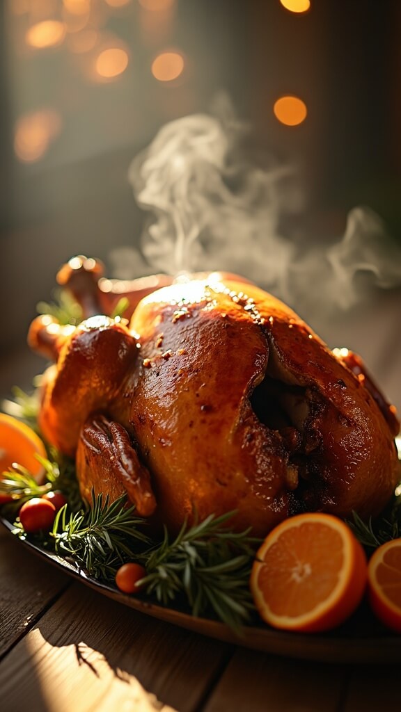 Perfect Roast Turkey Recipe Golden-brown roasted turkey with crispy skin, steam rising, surrounded by herbs and oranges on a wooden table.