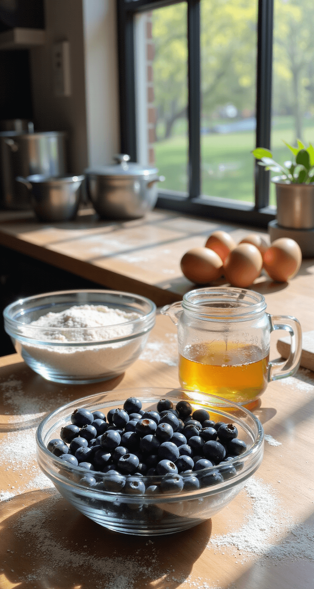 Ultimate Breakfast Muffins: Your Go-To Morning Game-Changer A sunlit modern kitchen counter with ingredients in glass bowls; flour on a wooden surface, eggs, honey, and blueberries, lit by morning light through a window.
