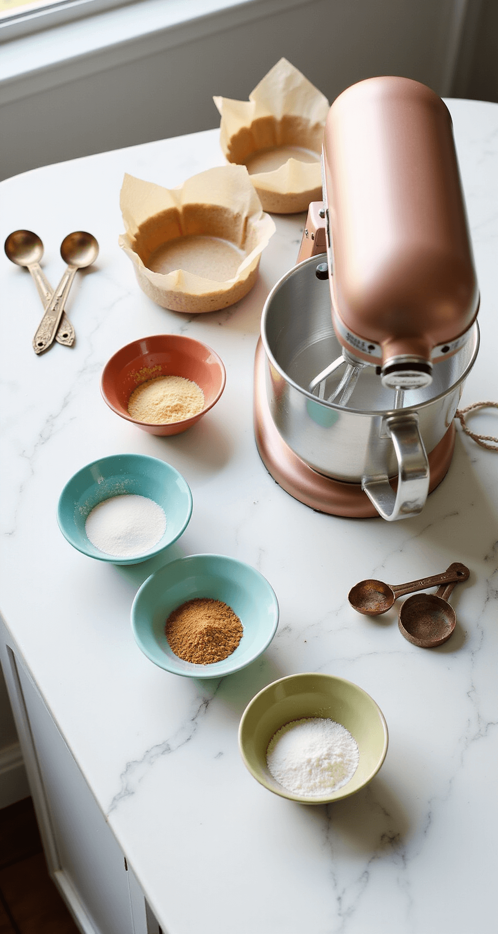 BIRTHDAY BENTO CAKE: ADORABLE MINI CELEBRATION DELIGHT Overhead view of a marble countertop with pastel bowls of ingredients for a mini bento cake, a rose gold mixer, parchment-lined cake pans, and vintage measuring tools in soft natural light.