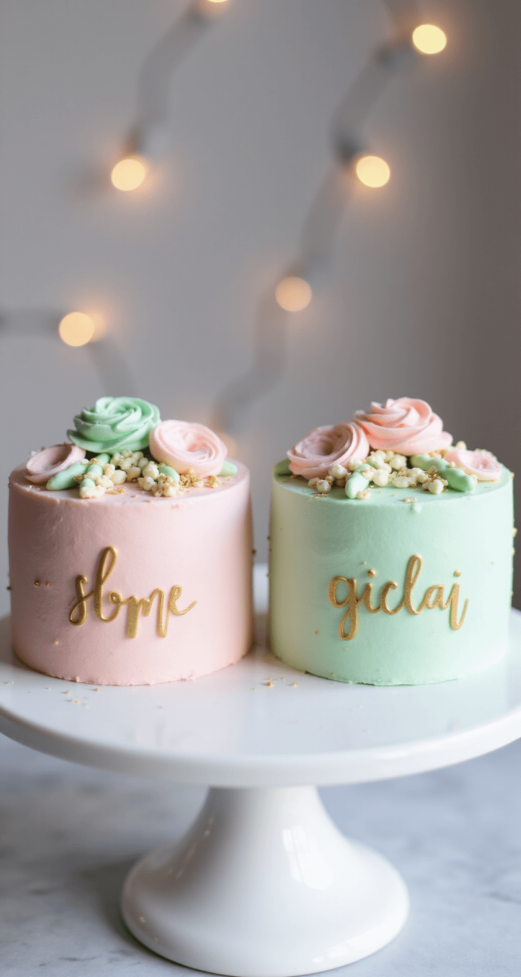 BIRTHDAY BENTO CAKE: ADORABLE MINI CELEBRATION DELIGHT Close-up of two pastel pink and mint green bento cakes on a white ceramic stand, adorned with piped flowers, gold sprinkles, and hand-written messages, against a dreamy bokeh background with fairy lights.