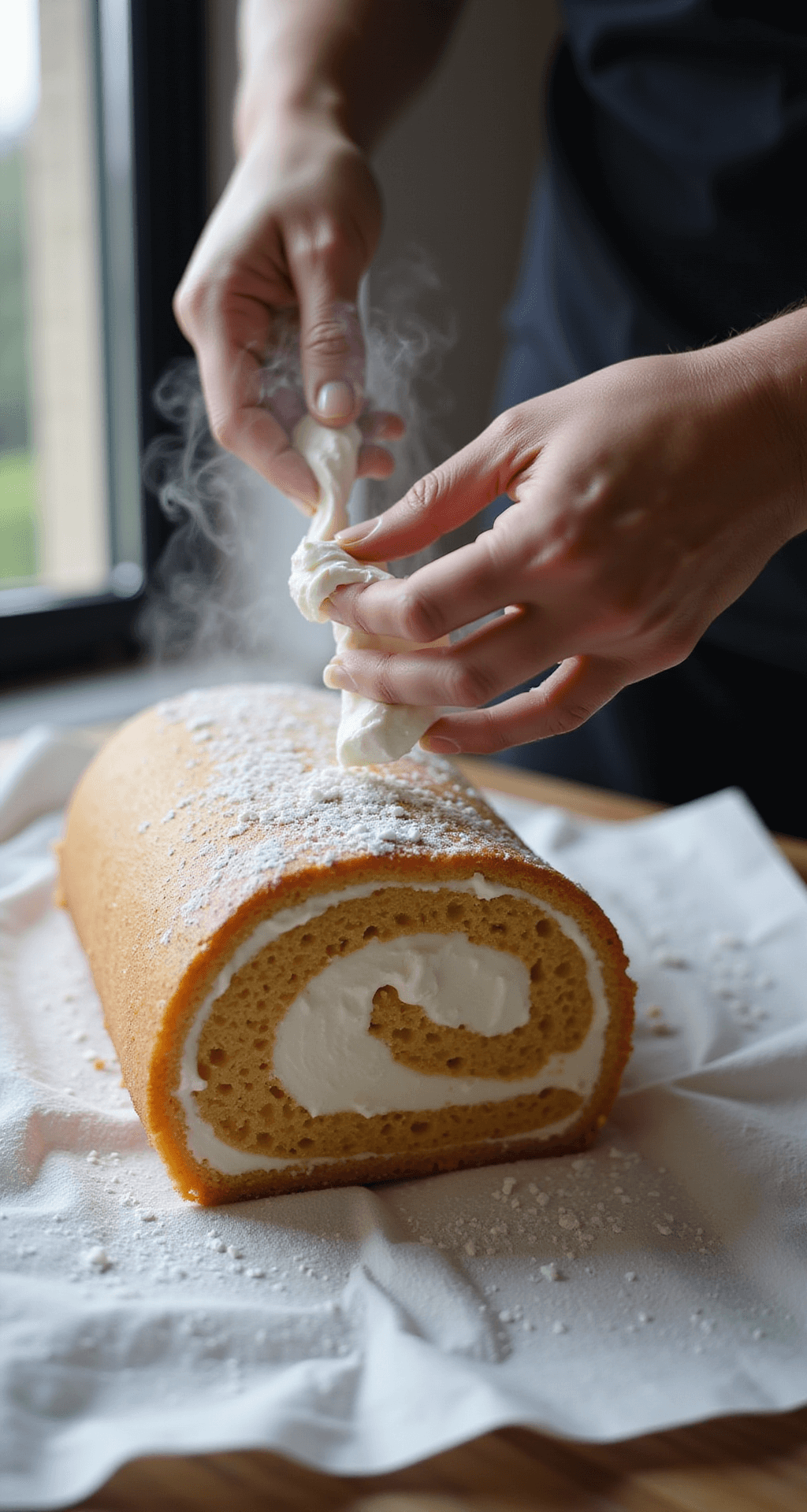 Ultimate Cake Roll - The Perfect Rolled Dessert Close-up of hands rolling a golden-brown cake with whipped cream filling on a flour-dusted towel, steam rising and natural light showcasing the texture and powdered sugar dusting.