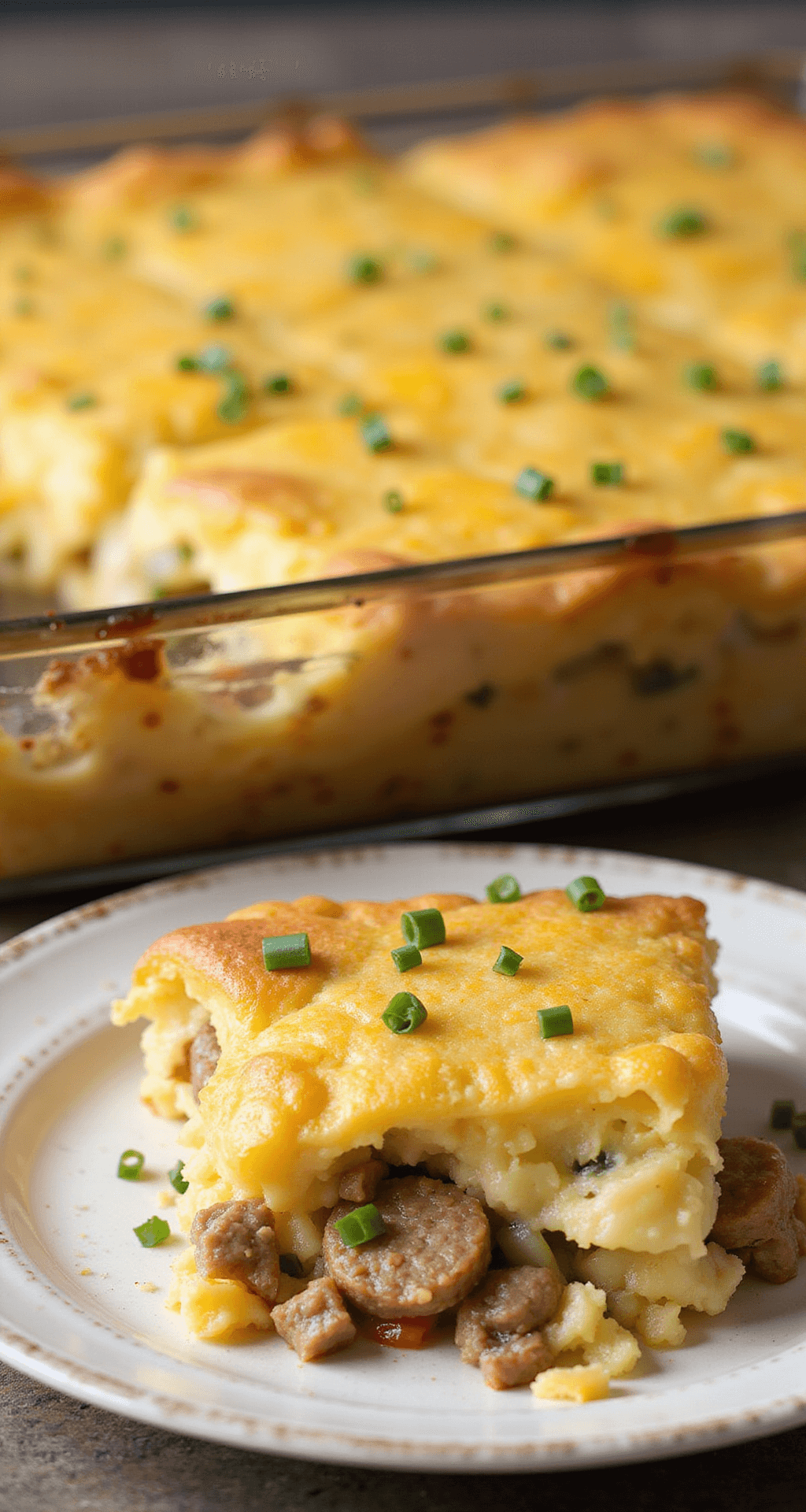 Low Carb Breakfast Casserole: The Ultimate Keto-Friendly Morning Miracle Close-up of a golden-brown breakfast casserole with melted cheese and chives, served on a rustic plate, revealing a moist interior with sausage and vegetables. Steam rises against a soft-focus kitchen background.