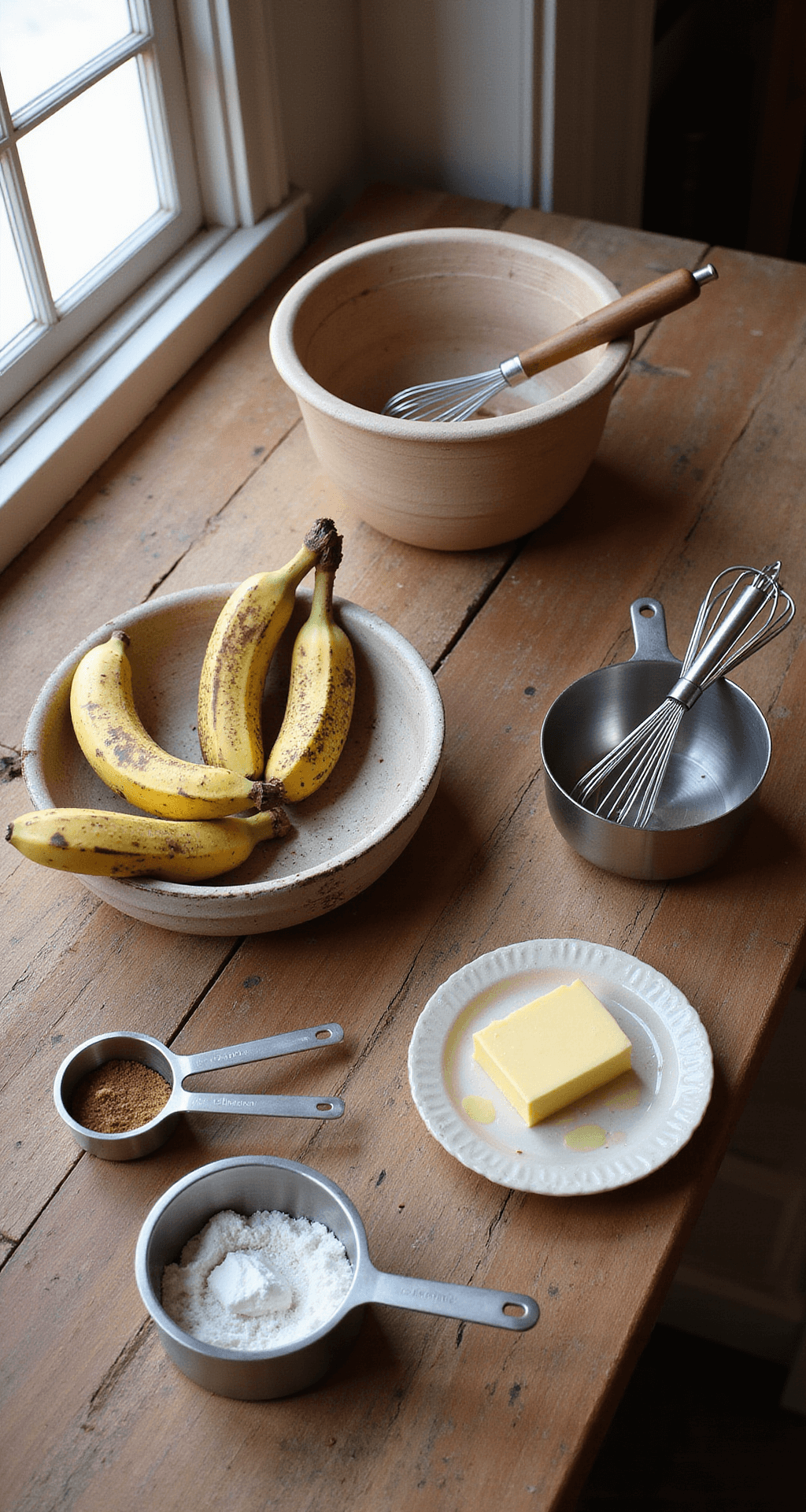 Easy Banana Bread Recipe: The Ultimate Comfort Bake A sunlit rustic kitchen countertop featuring overripe bananas, flour-dusted measuring cups, butter, and eggs, with a wooden mixing bowl in the center and light highlighting stainless steel utensils.