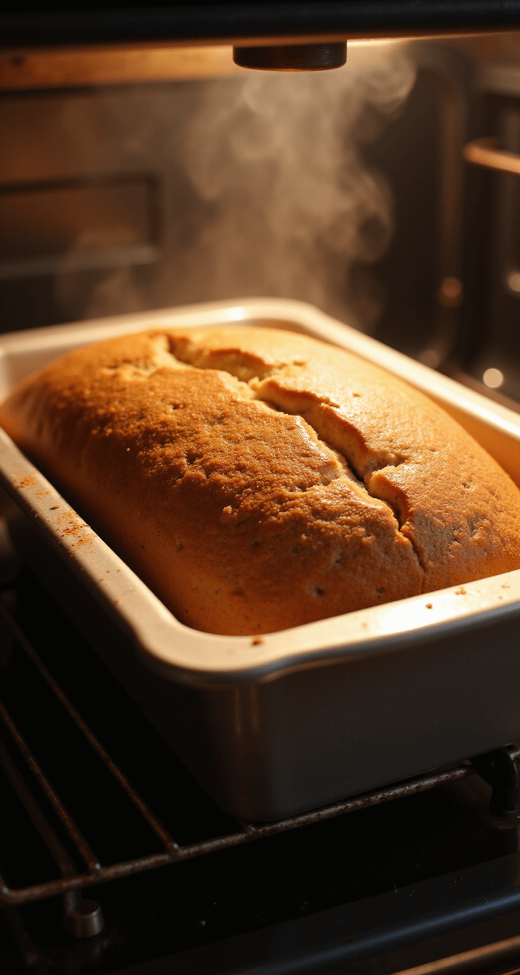 Easy Banana Bread Recipe: The Ultimate Comfort Bake Close-up of golden-brown banana bread rising in a greased loaf pan, viewed through a slightly open vintage oven door, with steam rising and a cinnamon dusting on the top.
