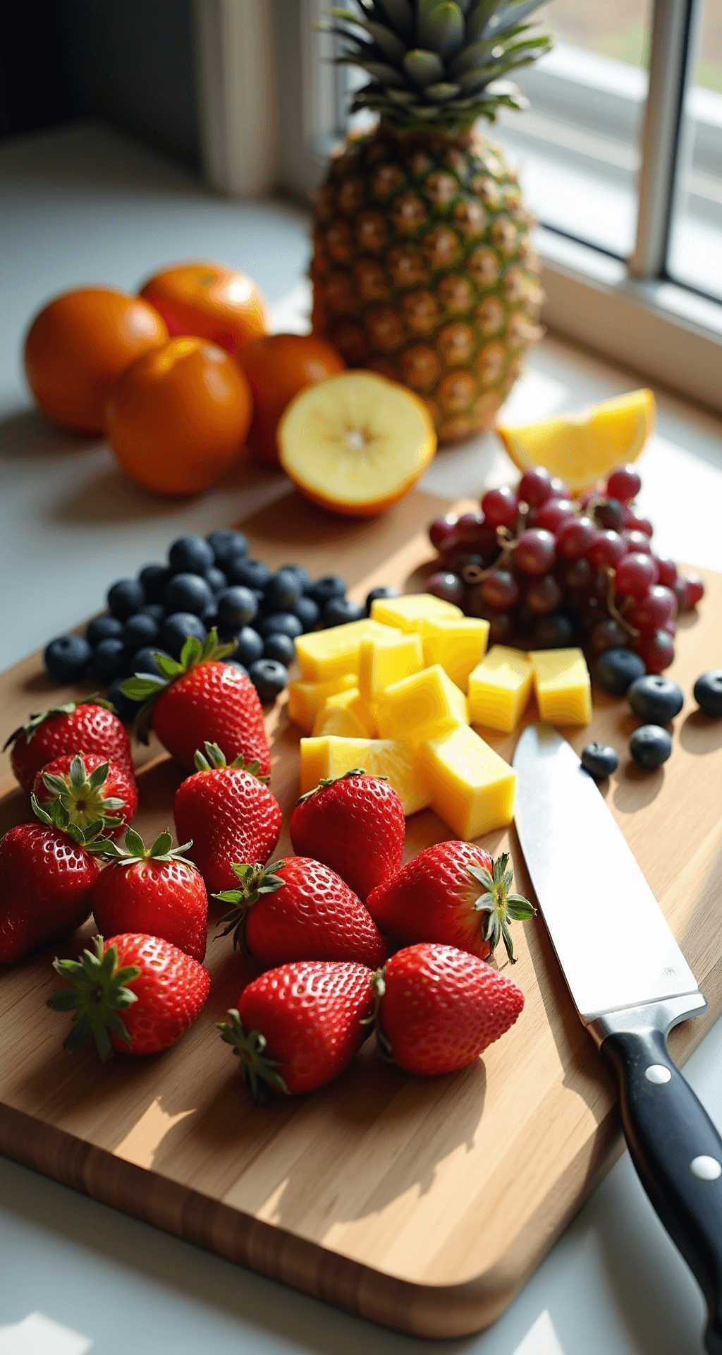 Easy Fruit Salad: The Ultimate Crowd-Pleasing Dessert Sunlit kitchen countertop featuring vibrant, freshly washed fruits including strawberries, blueberries, purple grapes, pineapple, and mandarin oranges on a wooden cutting board, with a chef's knife nearby and natural light accentuating the fruit's freshness.